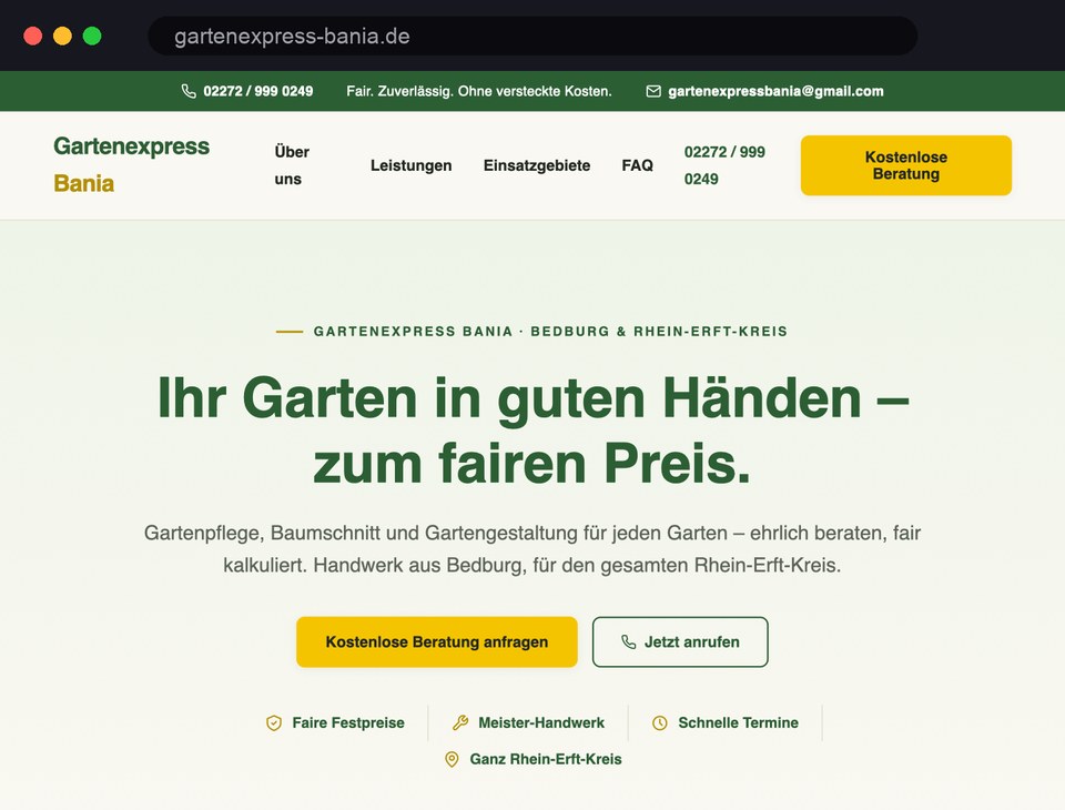 Referenz: Website für Gartenexpress Bania, Garten- und Landschaftspflege in Bedburg und im Rhein-Erft-Kreis